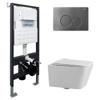 Комплект подвесной унитаз ABBER Rechteck AC1201 белый с инсталляцией AC0105 и кнопкой AC0121NG никель